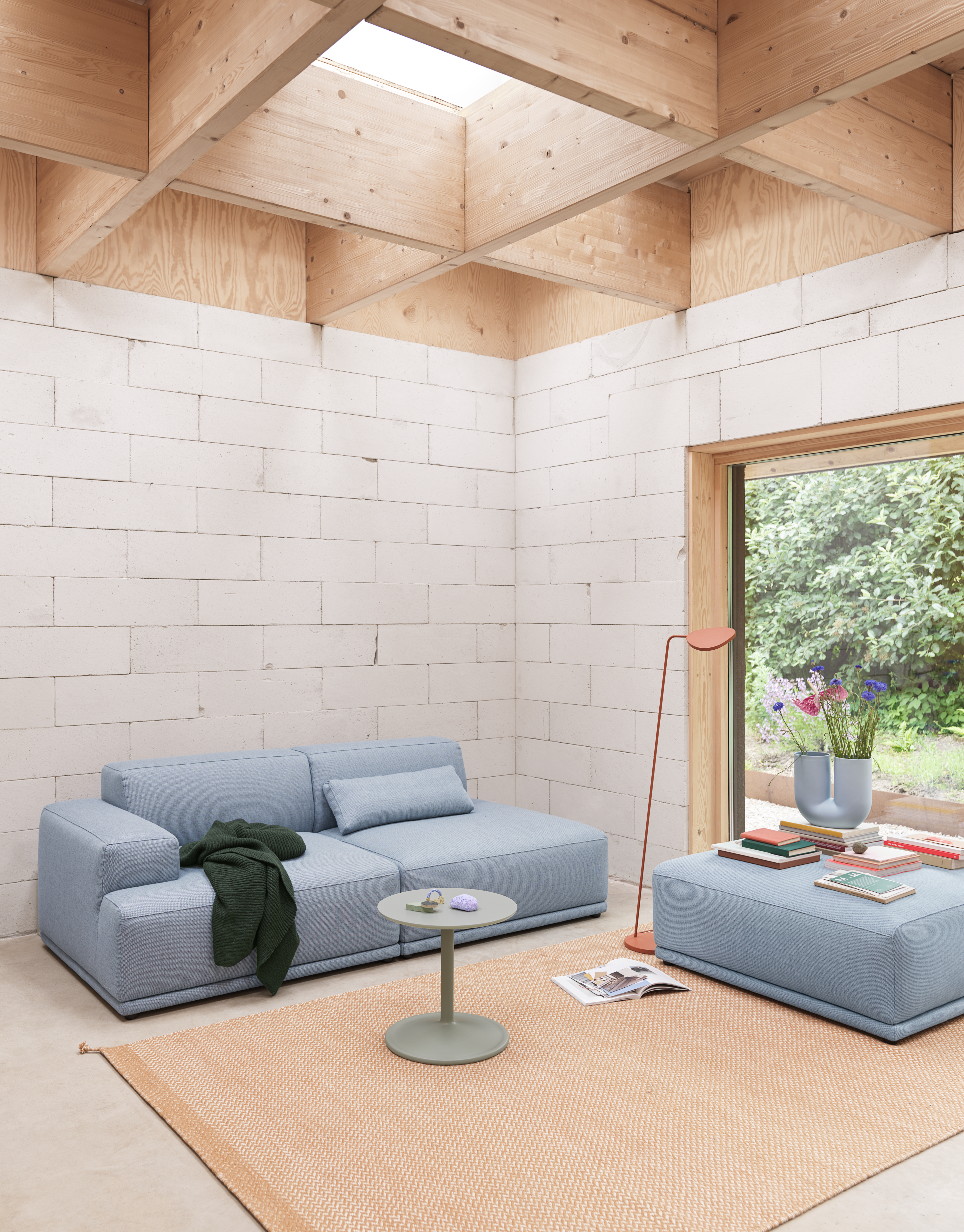 Connect Soft 2-Seater Configuration 2 + Module I Rewool 718, Soft Side Table Dusty Green, Leaf Floor Lamp, Ply Rug Burnt Orange 240x170 cm.