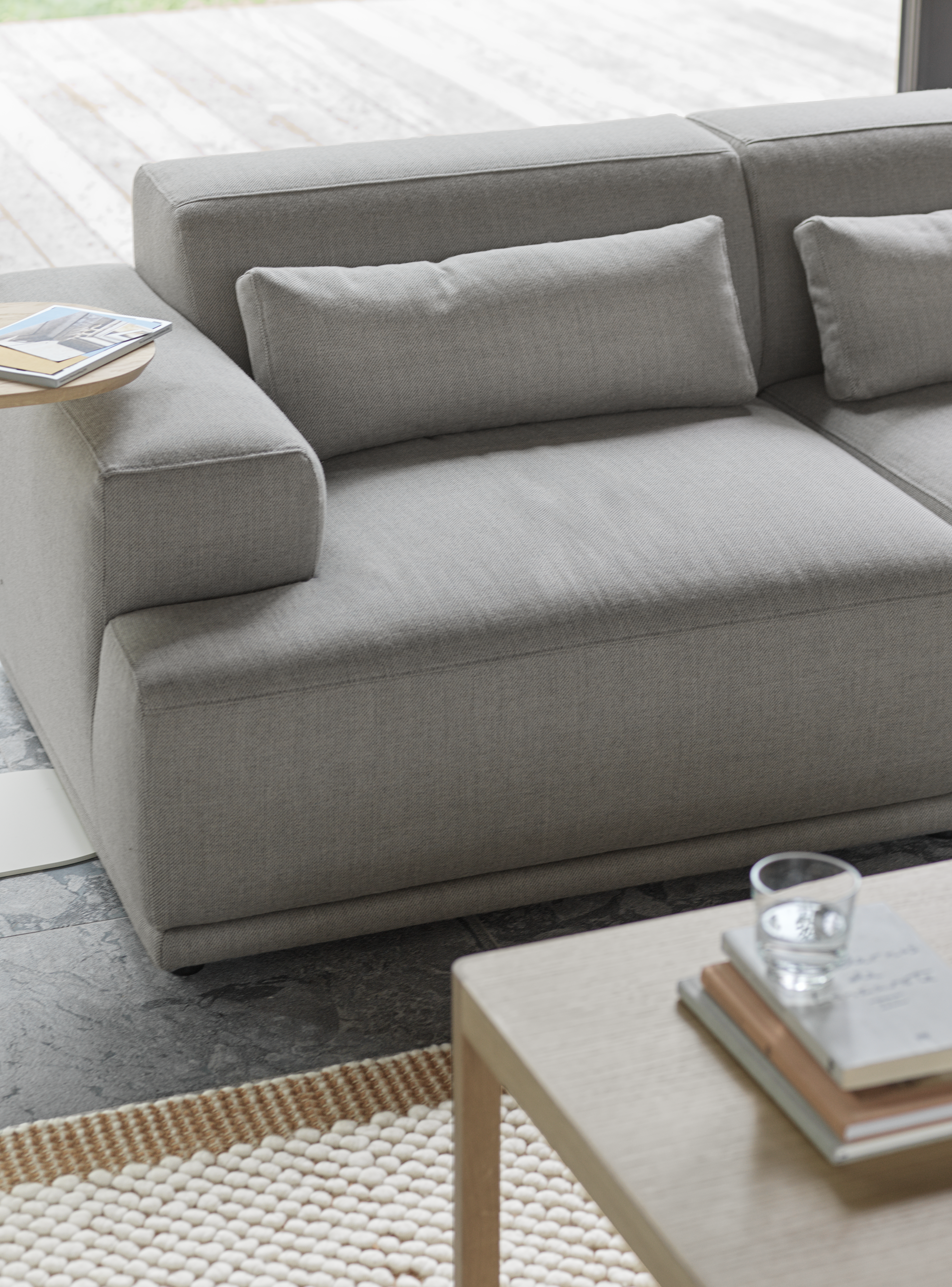 Connect Soft Modular Sofa in Re-wool 128, Relate Side Table H:60 cm in Solid Oak/Off-white, Workshop Coffee Table in Oak, Pebble Rug in Burnt Orange