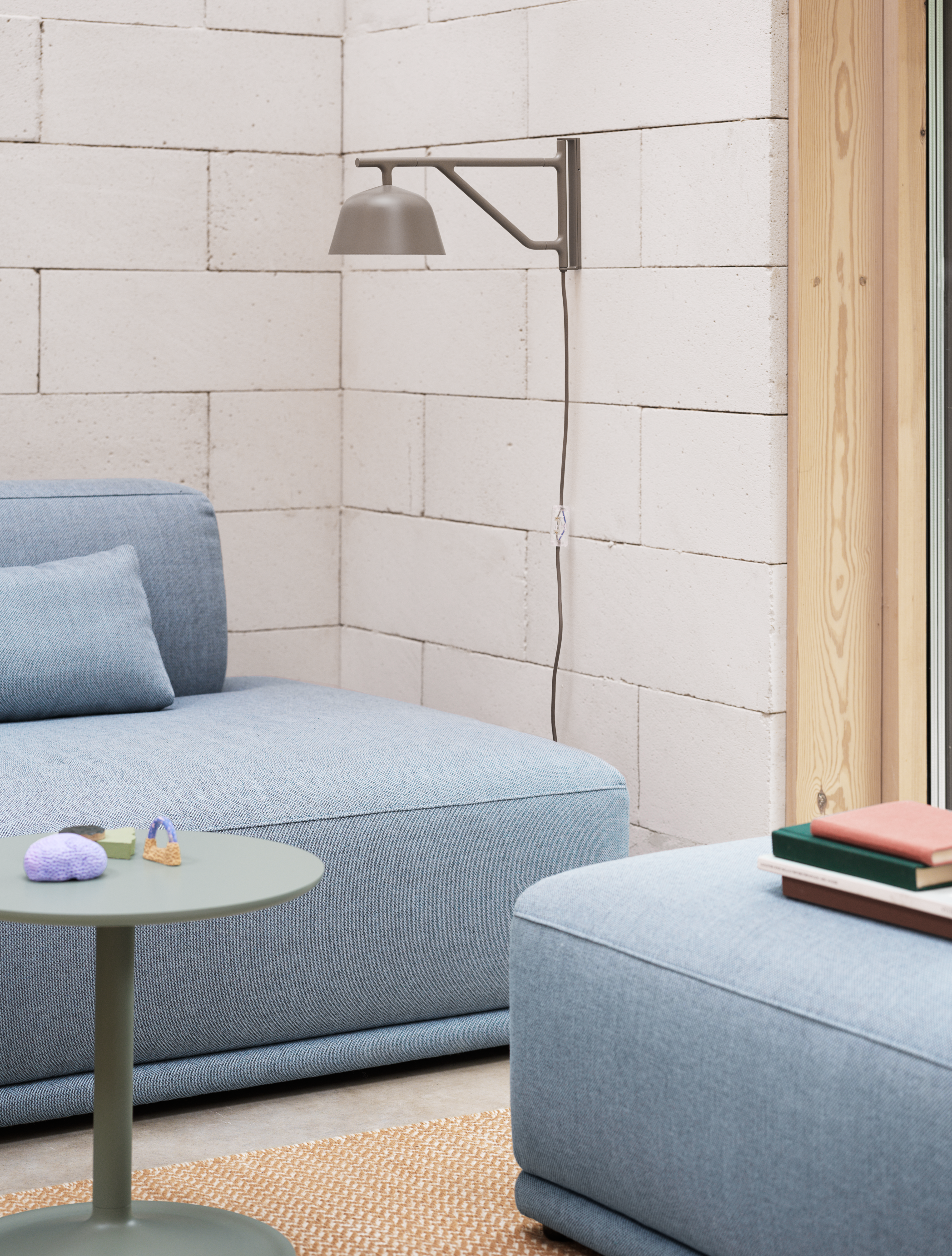 Connect Soft Module D + Module I Rewool 718, Connect Soft Cushion Rewool 718, Soft Side Table Dusty Green, Ambit Wall Taupe, Ply Rug Burnt Orange.