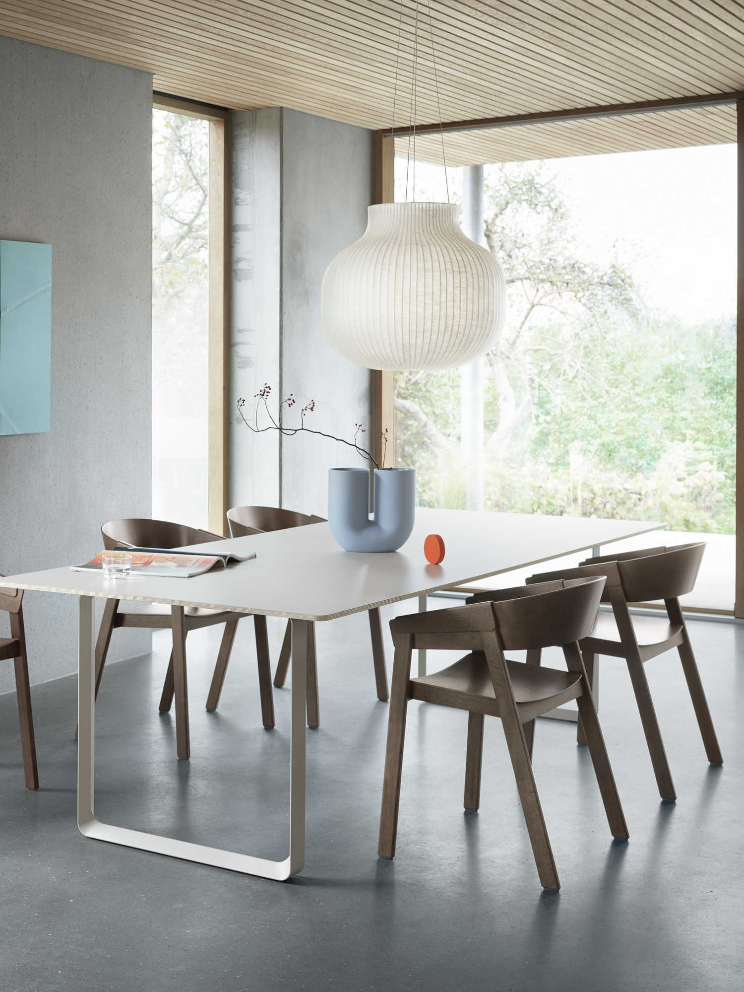 Cover Armchair in Stained Dark Brown, 70/70 Table in Stained Dark Brown/Sand, Strand Pendant Closed Ø60 cm, Flow Trolley 2-Layer in Grey