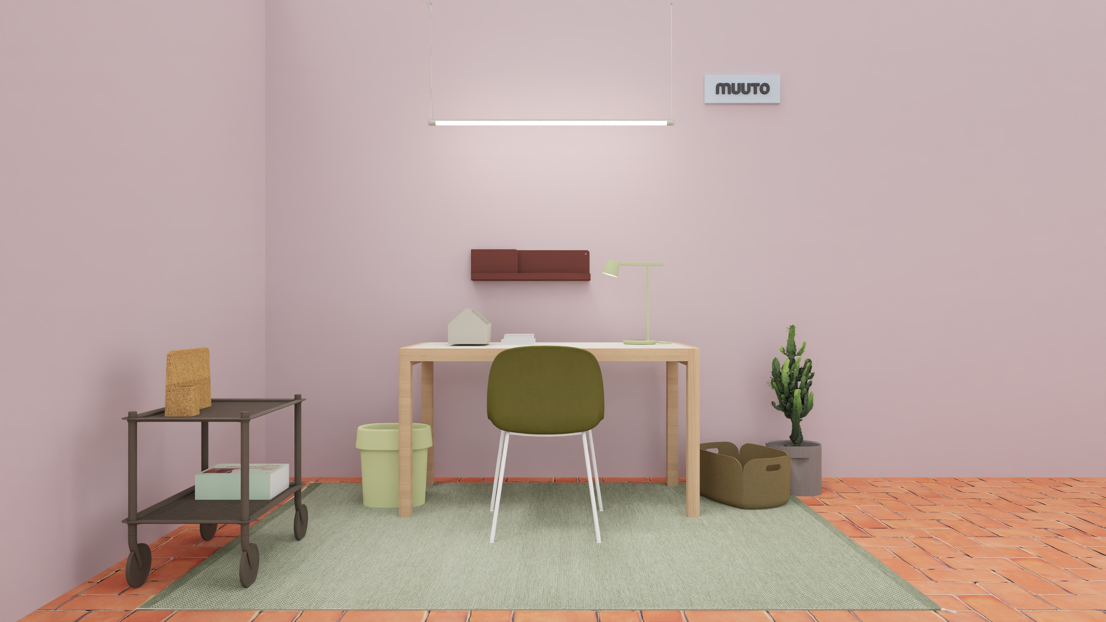 FIBER SIDE CHAIR / TUBE BASE CHROME / VIDAR 956
WORKSHOP TABLE / 130X65 CM / WARM GREY LINOLEUM/OAK
FLOW TROLLEY / 2-LAYER / TAUPE
FINE SUSPENSION LAMP / 120 /GREY
TIP TABLE LAMP / WHITE
FOLDED SHELVES / 29,5x40 CM / 63x16,5 CM AND PLATFORM 62 x 5,4 CM/ DEEP RED
PLY RUG RECYCLED / 170X240 CM / MOSS GREEN
RESTORE BASKET / BROWN GREEN
SKETCH TOOLBOX / GREY
STORY PINBOARD
REDUCE PAPER BIN / LIGHT GREEN
RIDGE PLANTER / H15 CM / TAUPE

